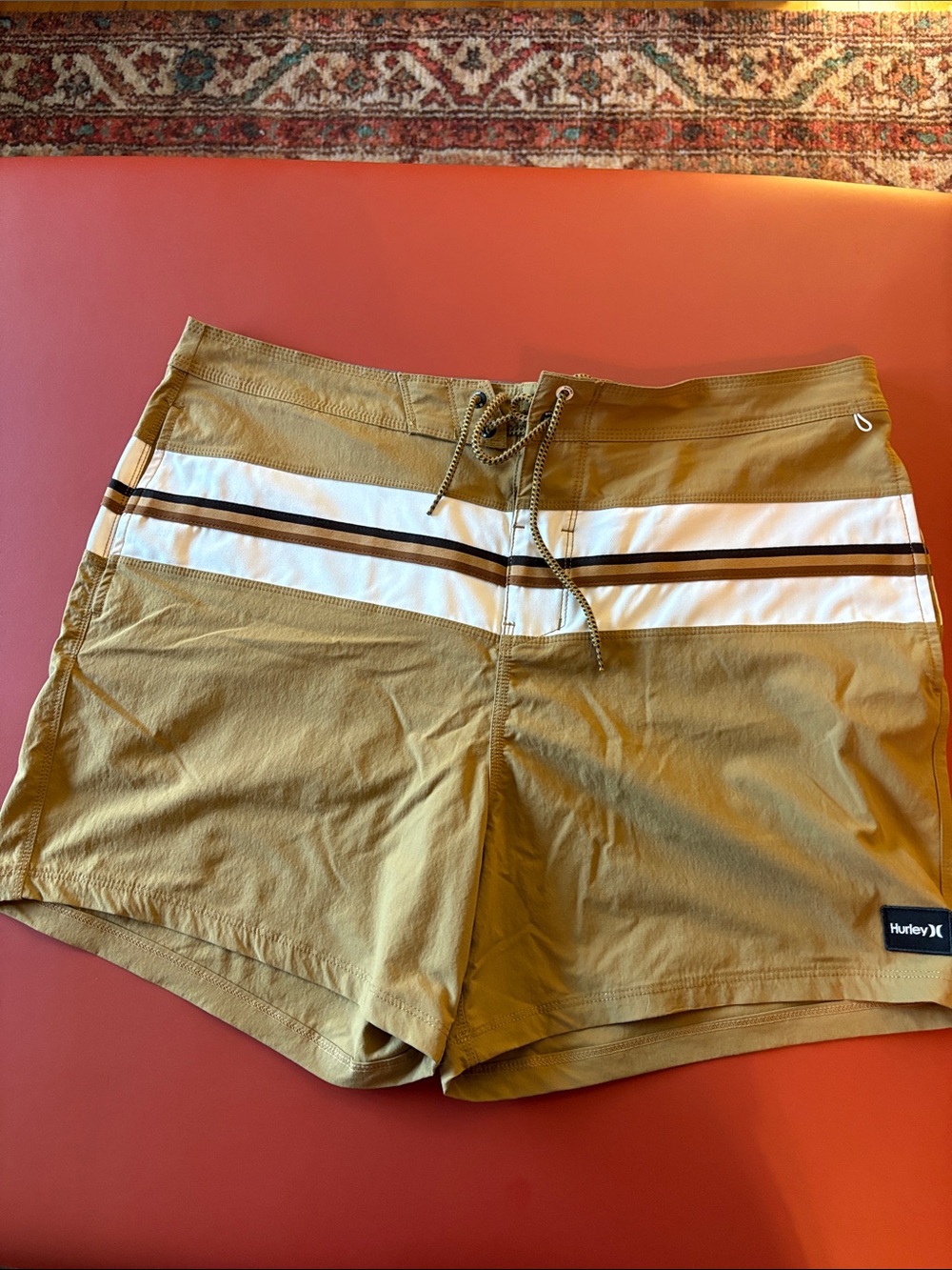 Hurley Men’s Tan and White Striped Swim Shorts